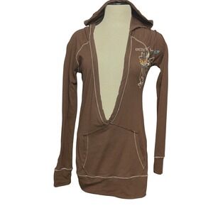 VTG DETH - Don Ed Hardy Designs Deep V‎ Neck Brown Pullover Hoodie Grunge Edgy
